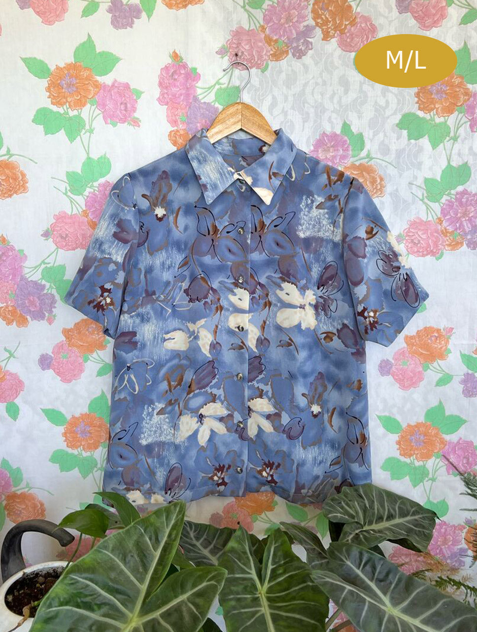 Blue Flower Printed Button Shirt