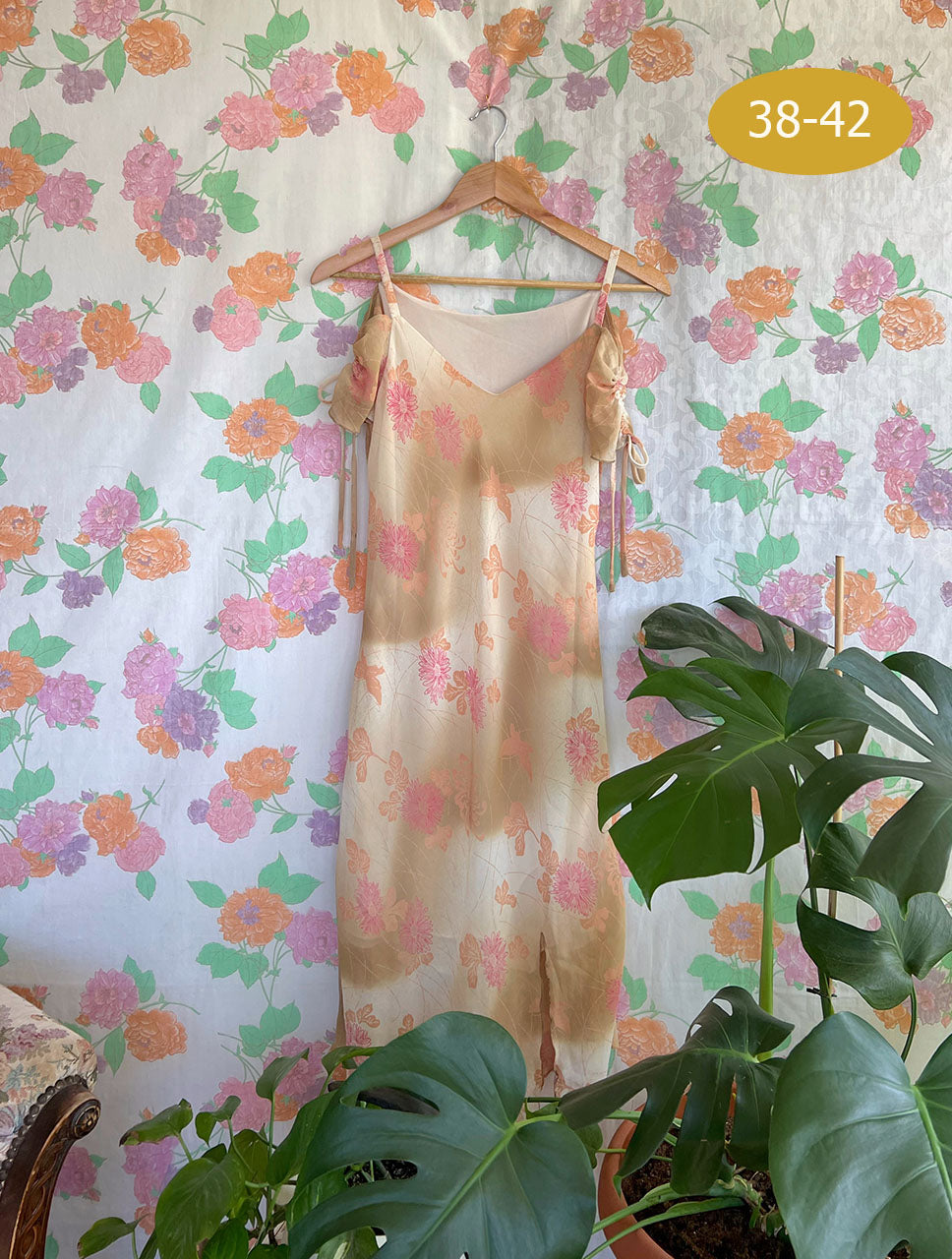 90's Floral Beige Dress