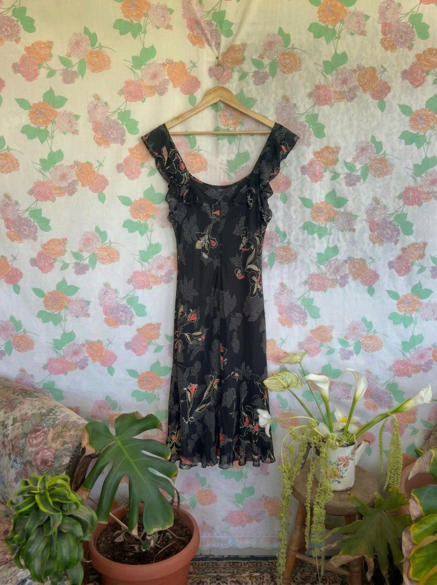 90's Black Floral Midi Dress