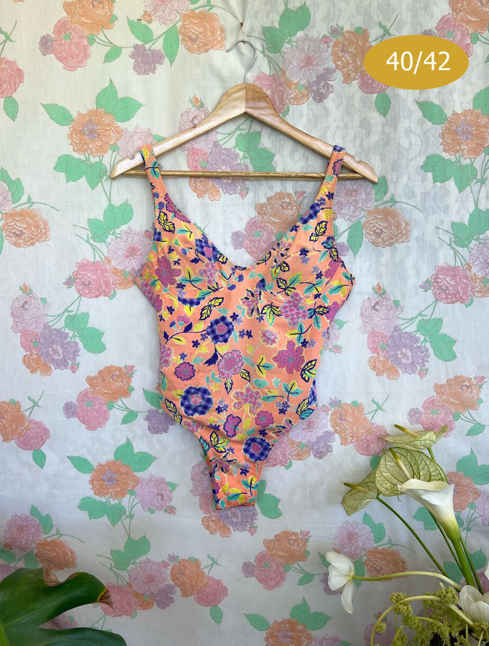 90's Orange Flowery Swimsuit