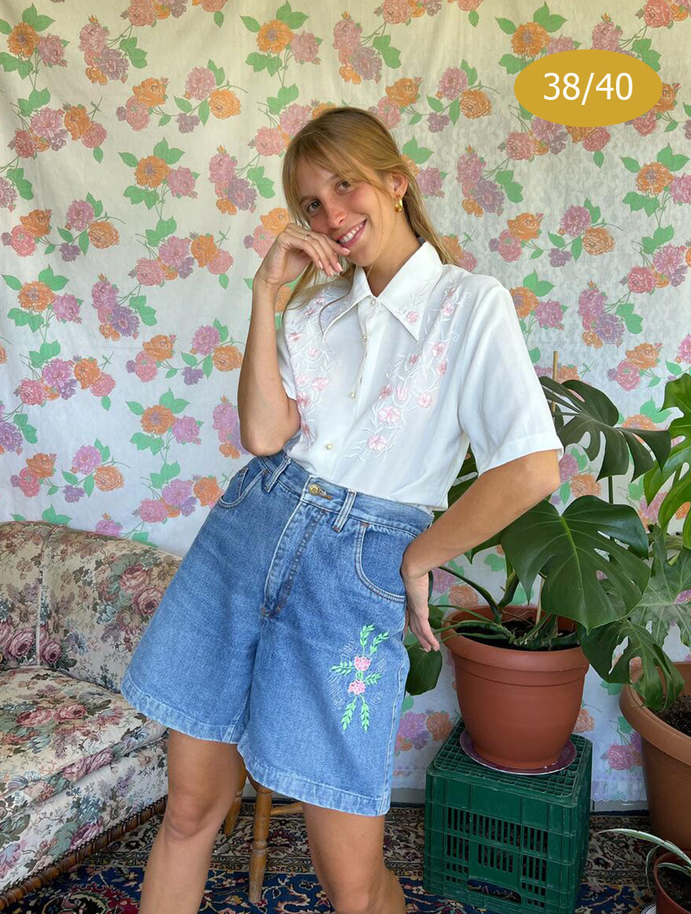 Flower Embroidered Denim Shorts