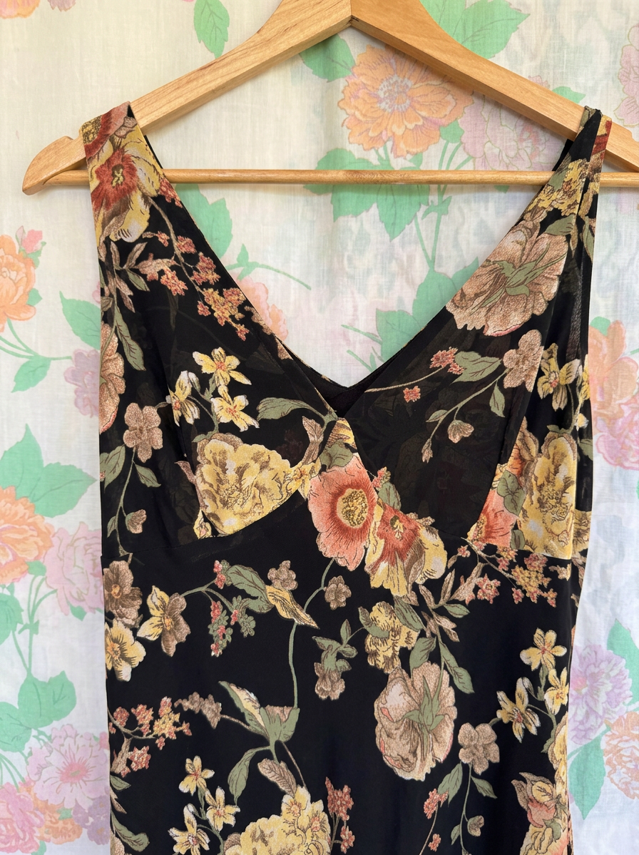 90's Black Floral Asymmetric Dress