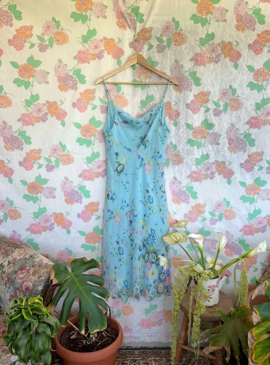 90's Blue Floral Slip Dress
