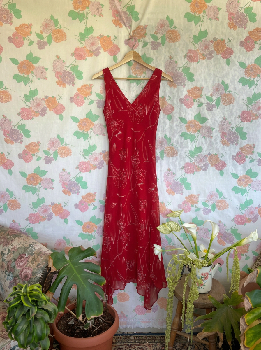 90's Red Romantic Midi Dress