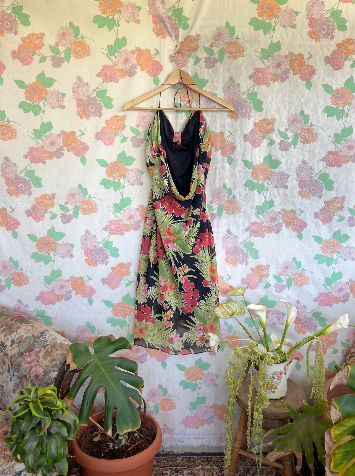 90's Black Open Back Floral Dress