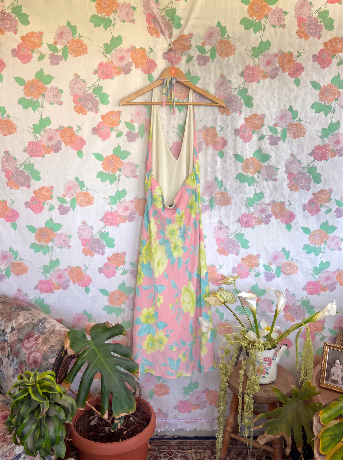 90’s Pink Floral Halter Midi Dress
