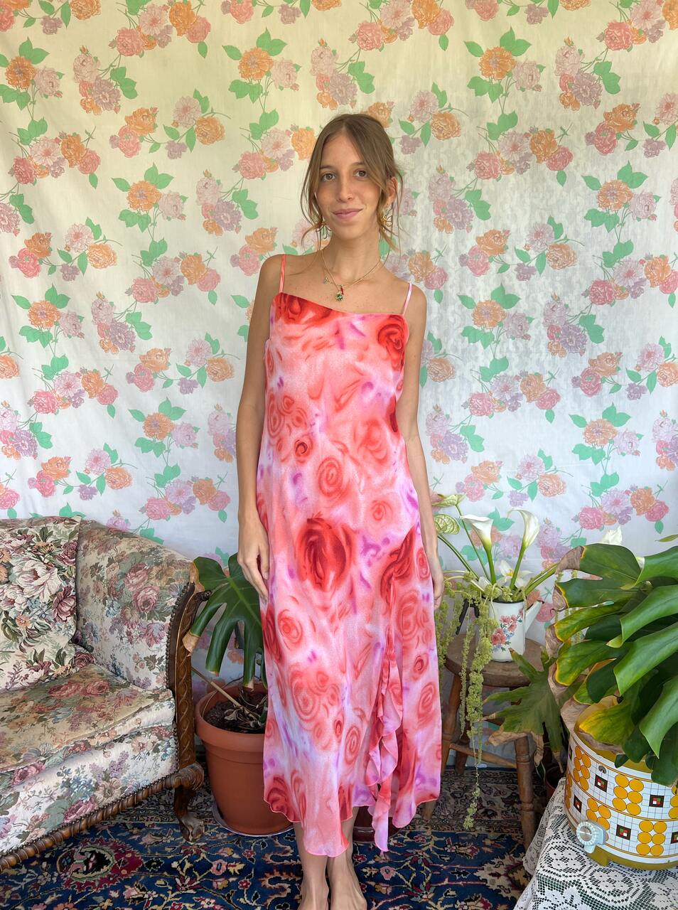 90's Pink Roses Slip Dress