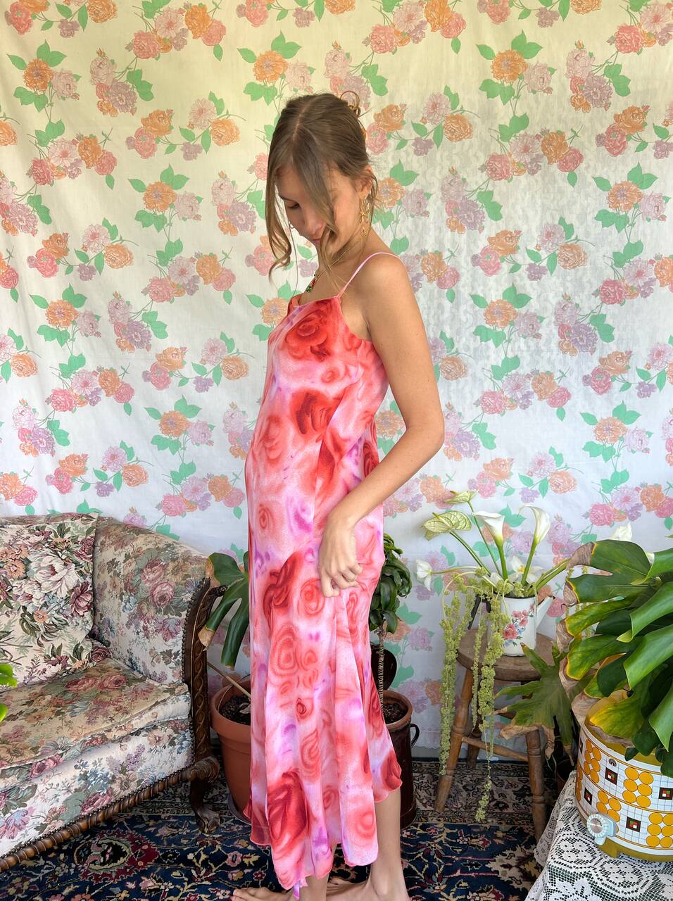 90's Pink Roses Slip Dress