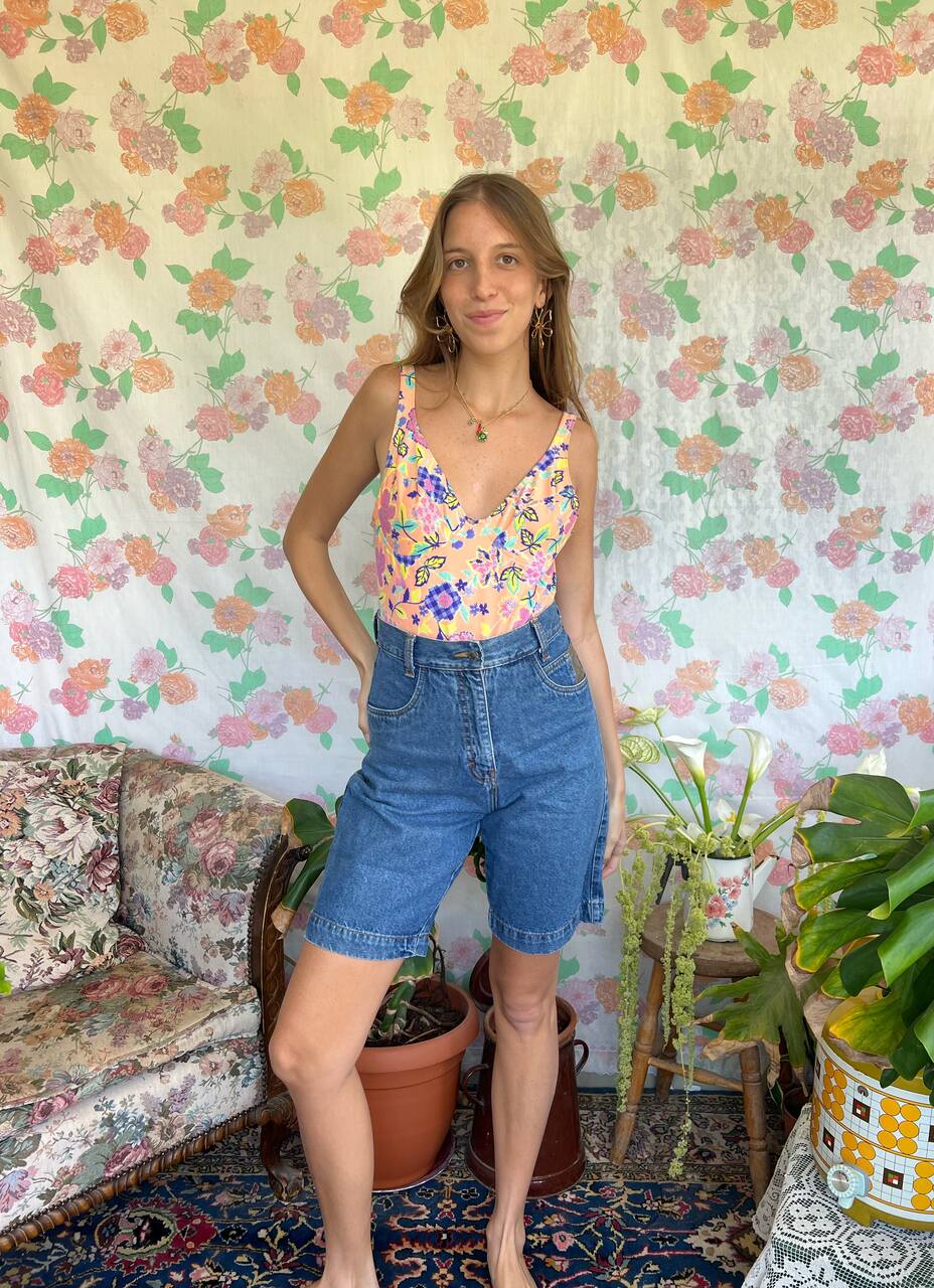 90's Orange Flowery Swimsuit