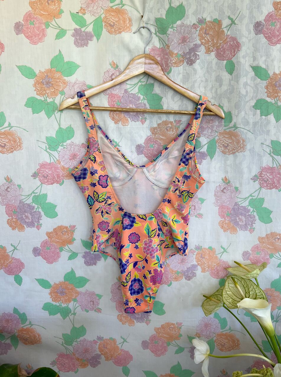 90's Orange Flowery Swimsuit