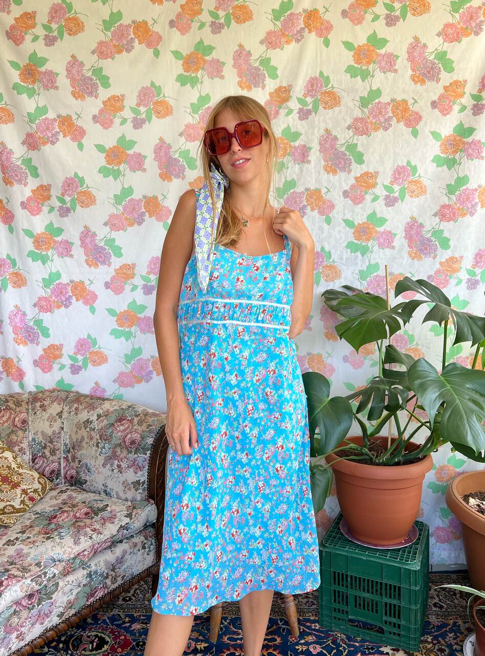 90's Dreamy Flower Blue Dress
