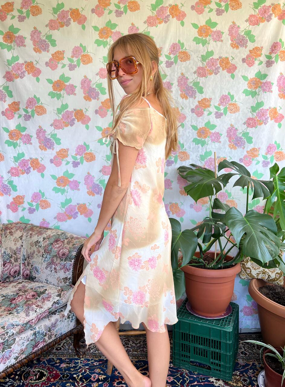 90's Floral Beige Dress