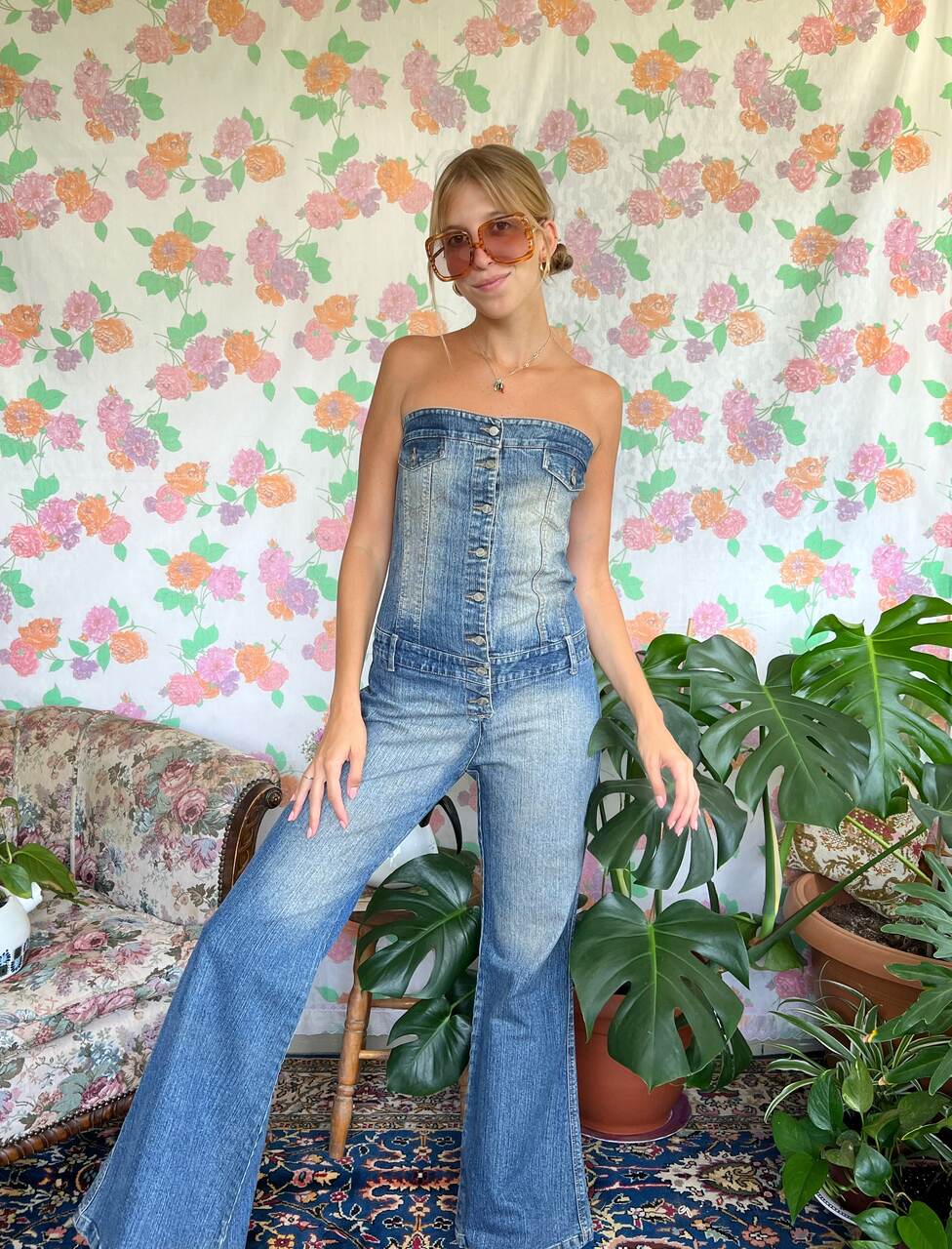 90's Strapless Denim Jumpsuit