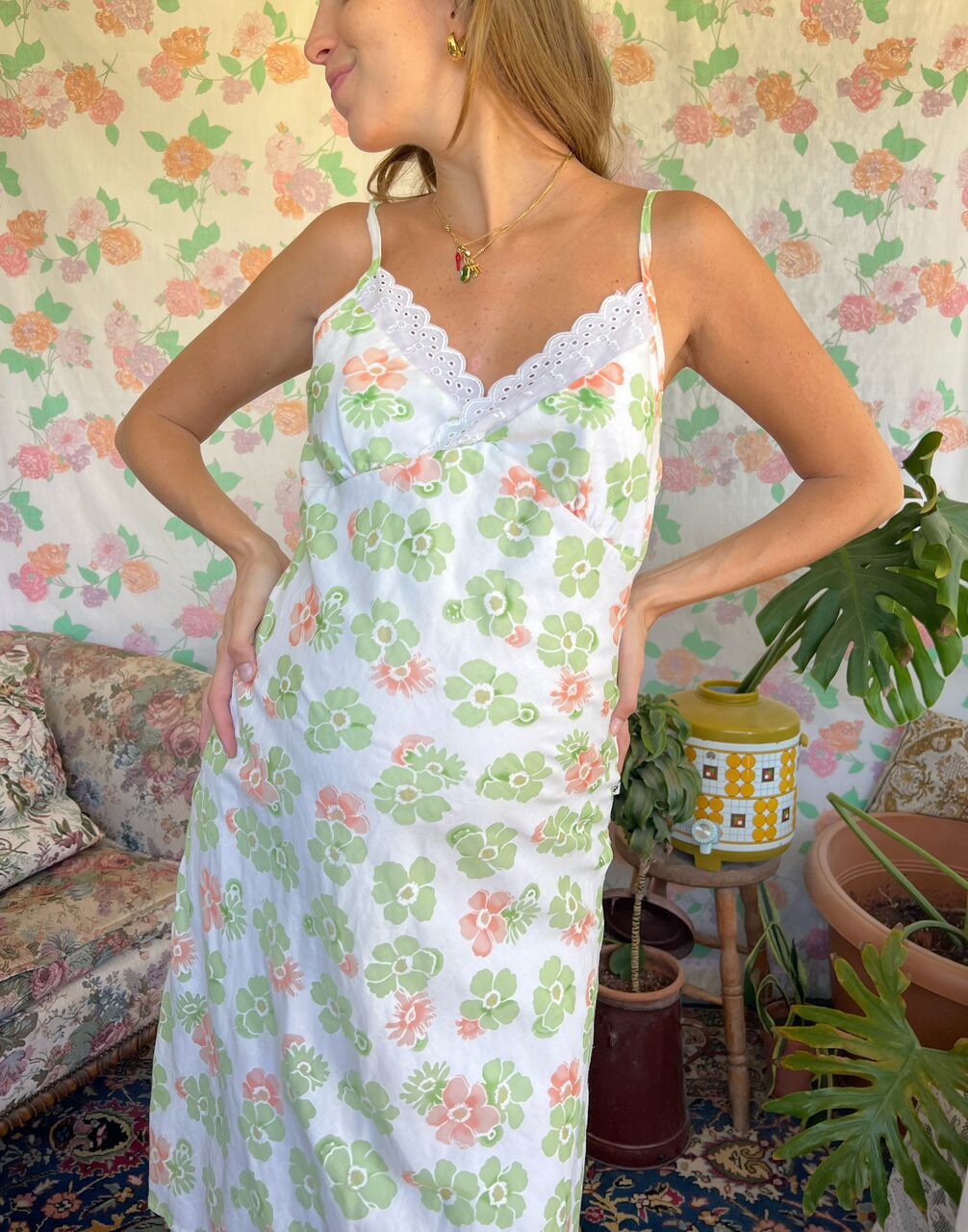 90's White&Green Viscose Dress