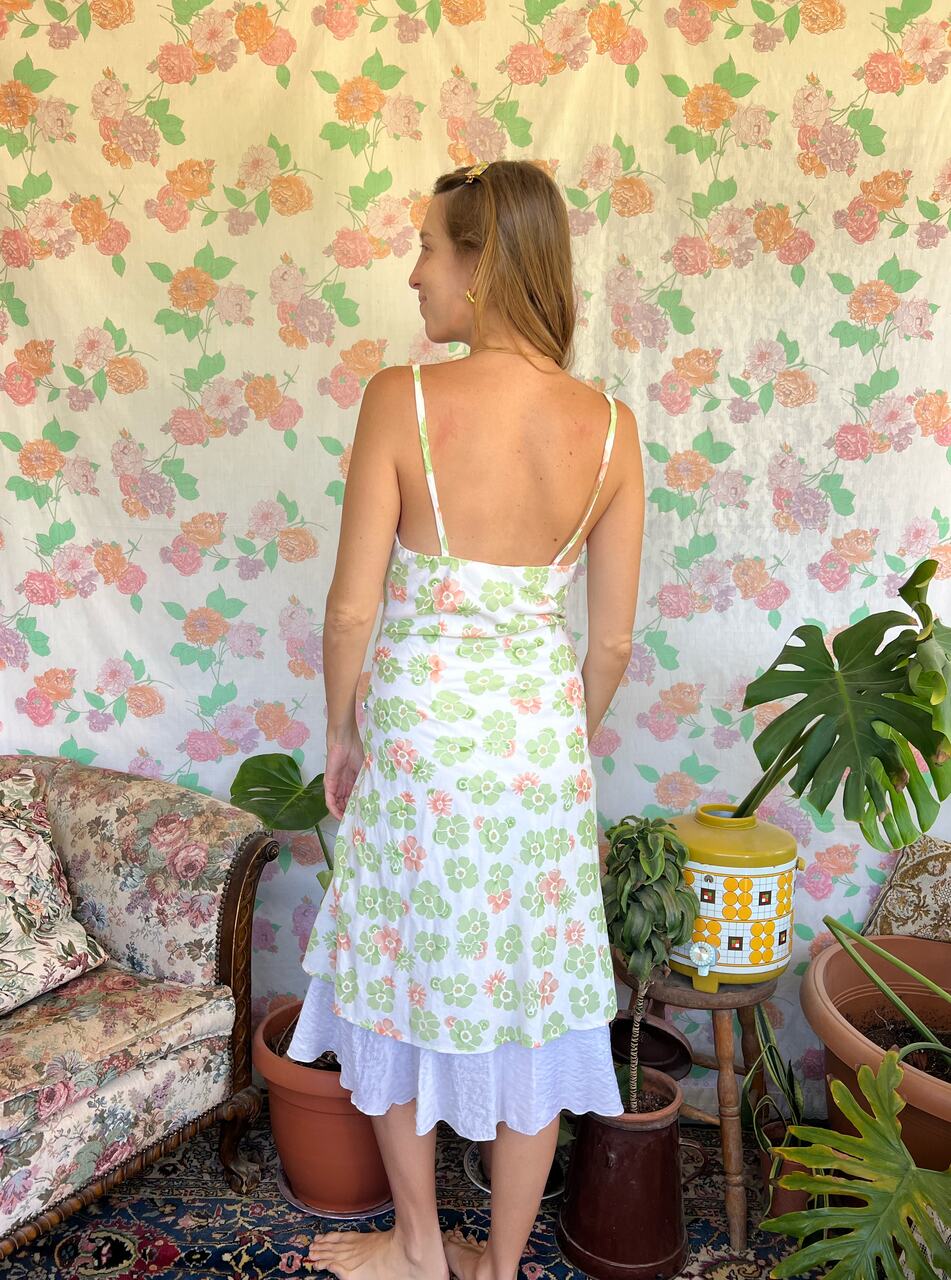 90's White&Green Viscose Dress