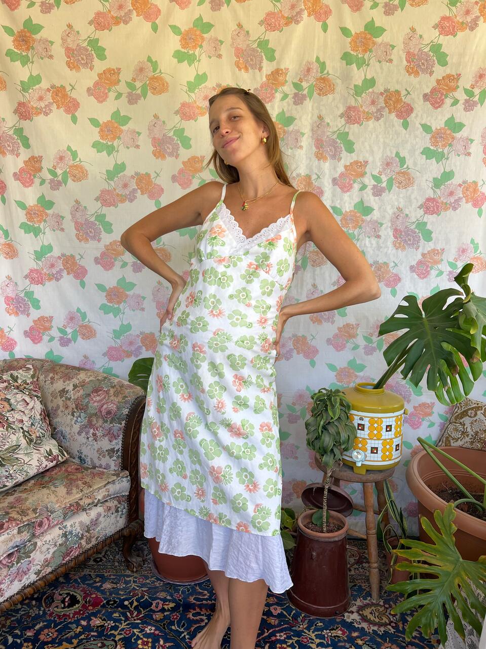 90's White&Green Viscose Dress