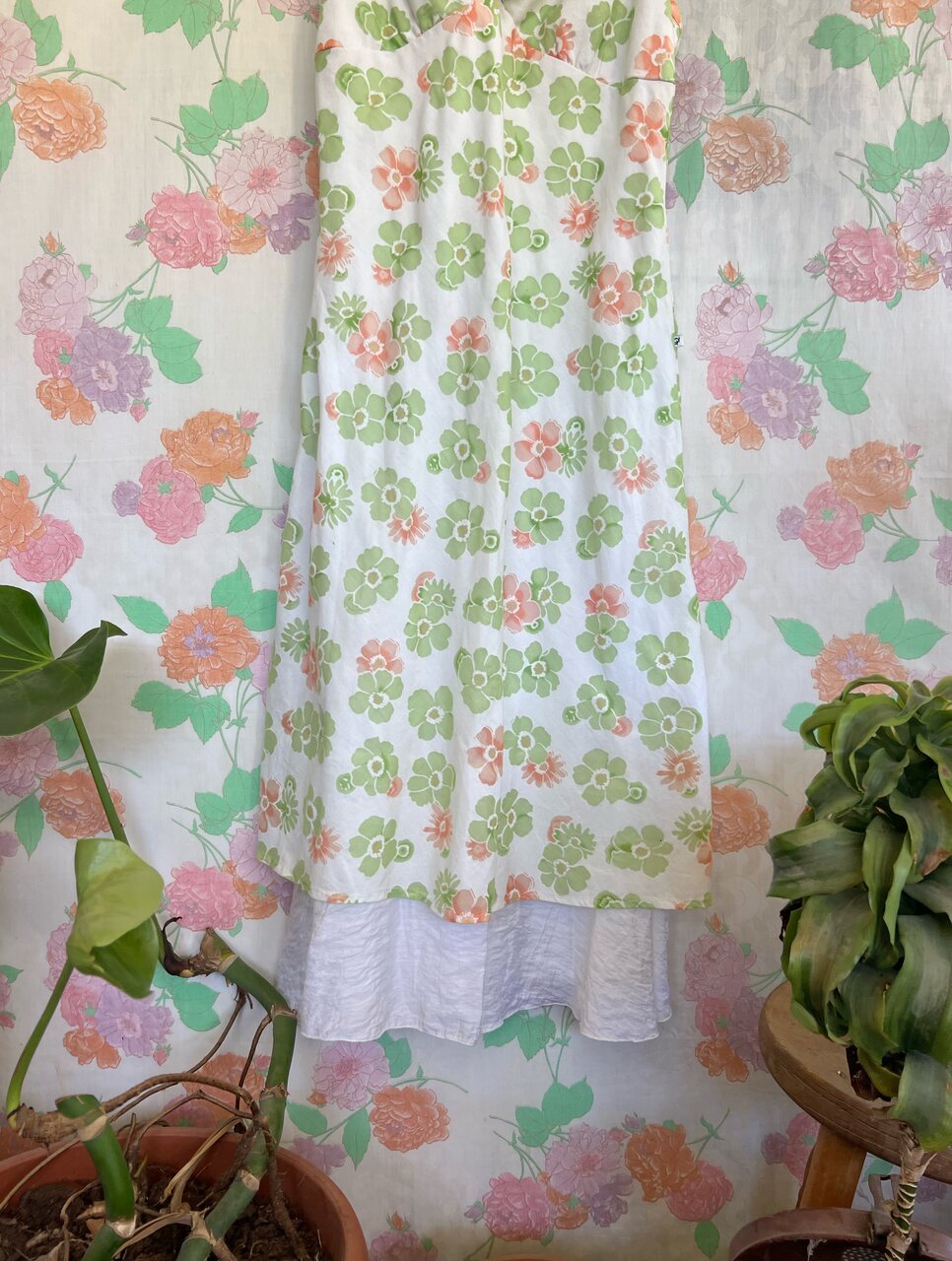 90's White&Green Viscose Dress