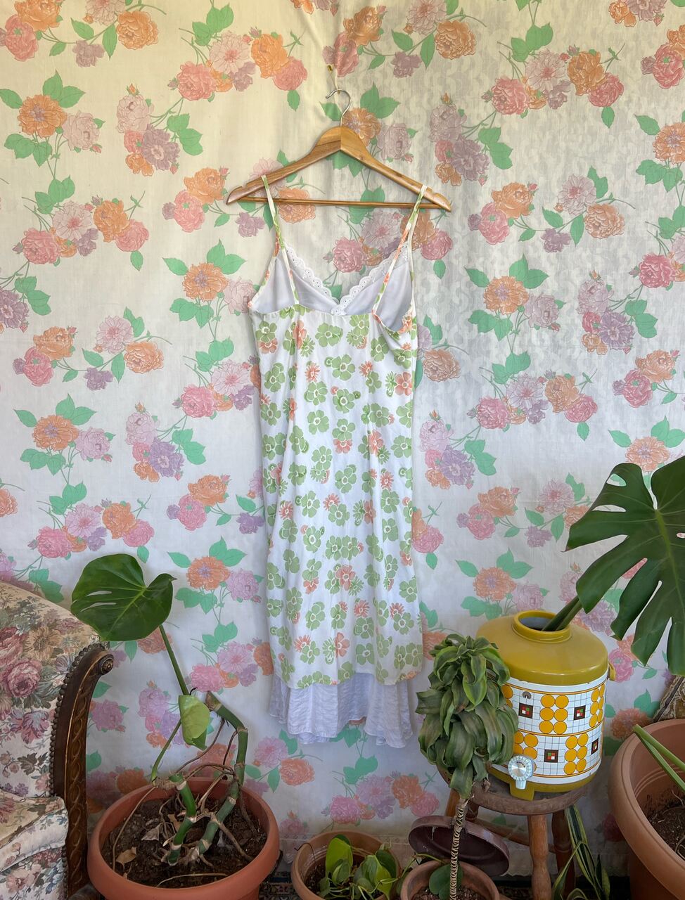 90's White&Green Viscose Dress