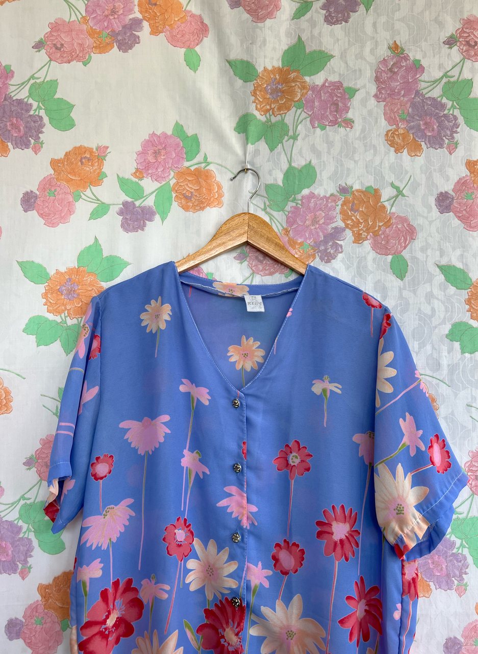 Vintage Blue Flowery Button Shirt