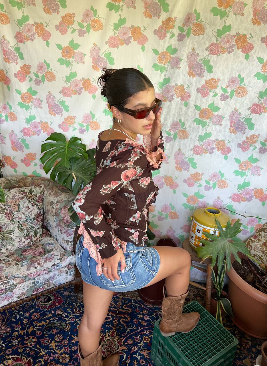 2000's Black Flower Printed Blouse