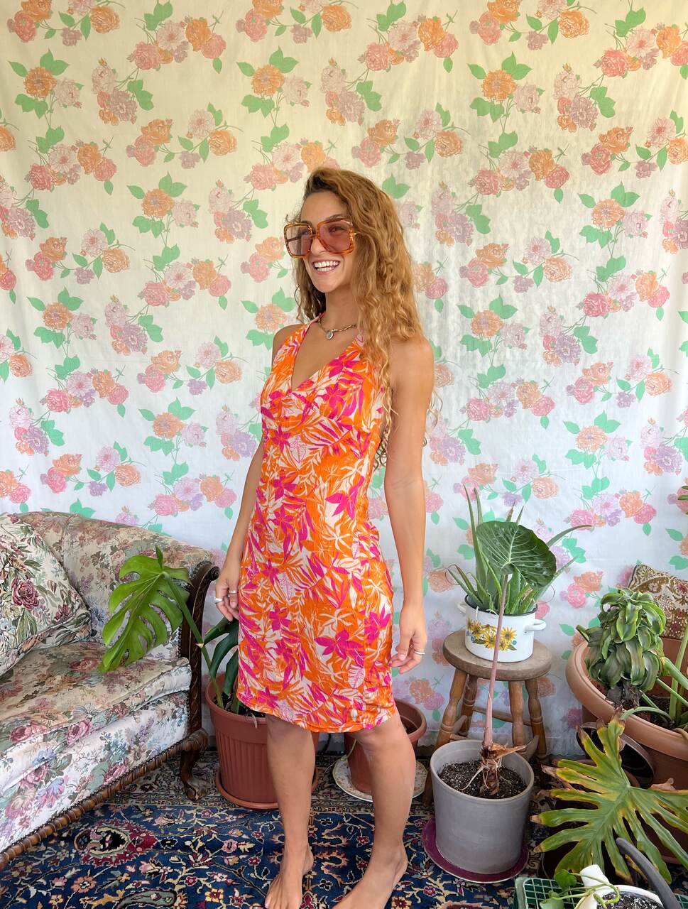 2000's Pink Tropical Halter Dress