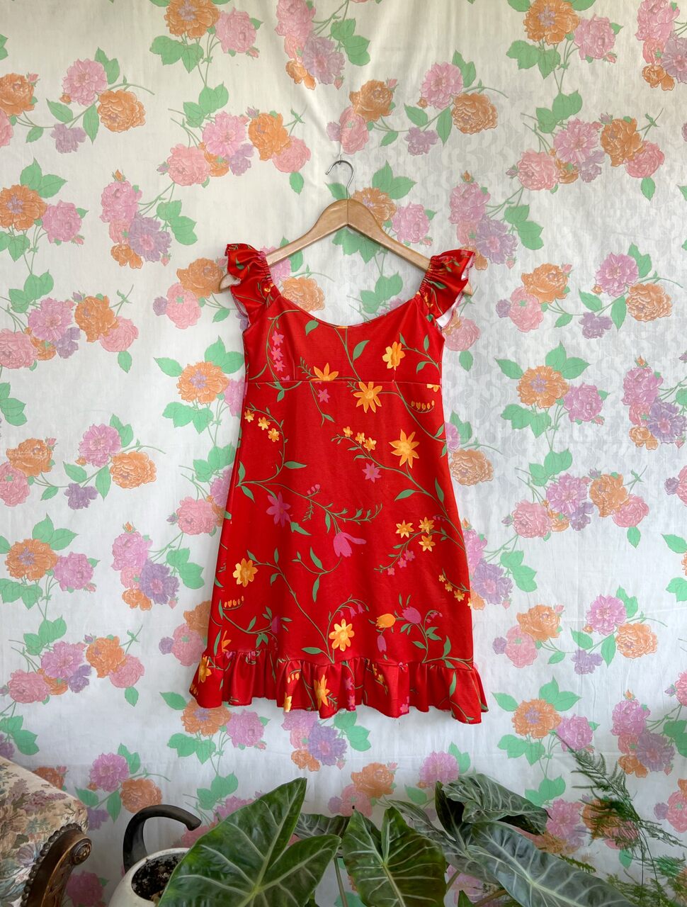 Floral Short Red Vintage Dress