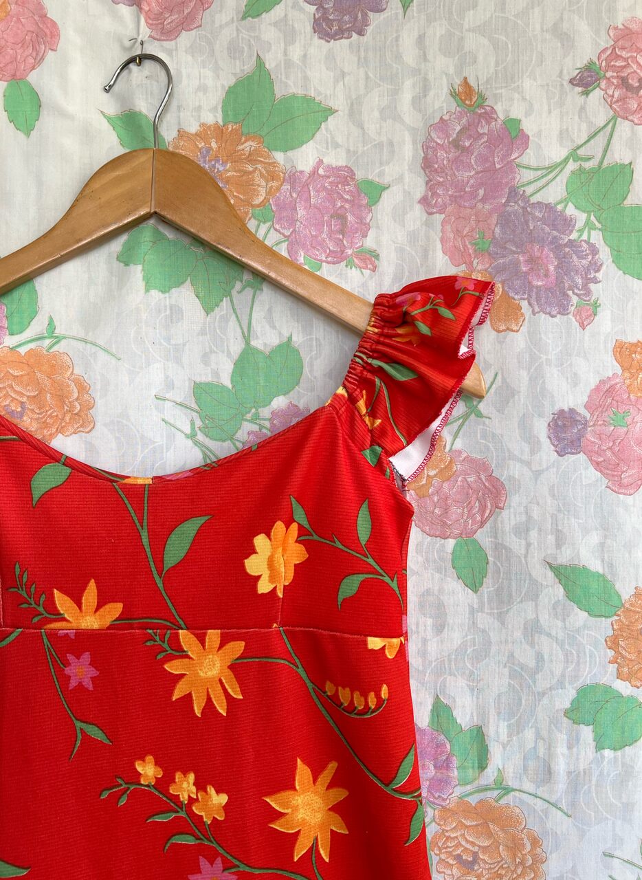 Floral Short Red Vintage Dress