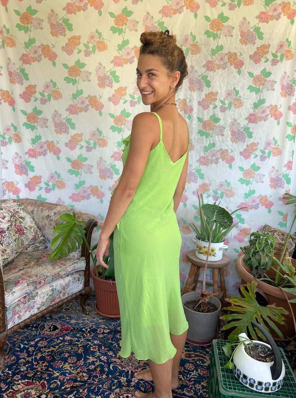 90's Lime Ruffles Slip Dress