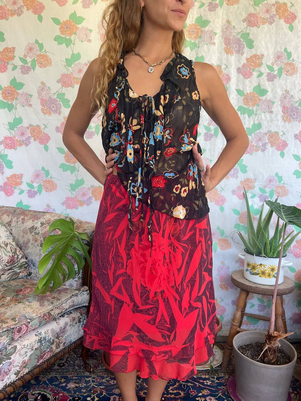 2000's Black Floral Tank Top