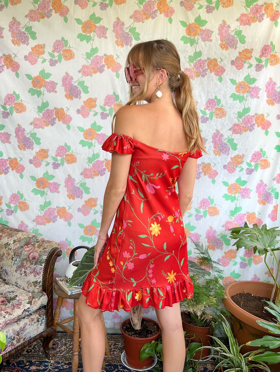 Floral Short Red Vintage Dress