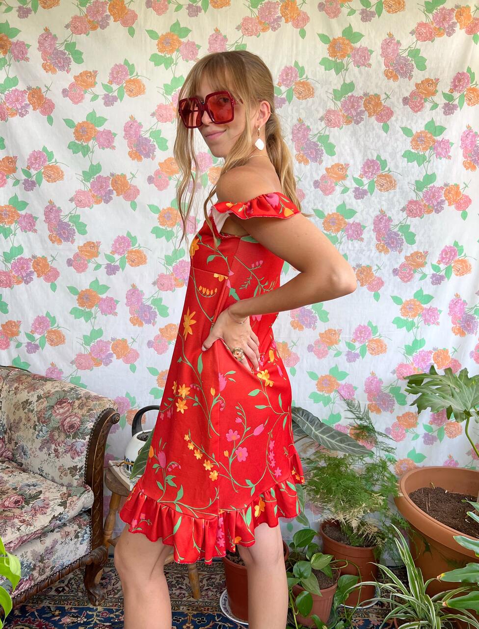 Floral Short Red Vintage Dress