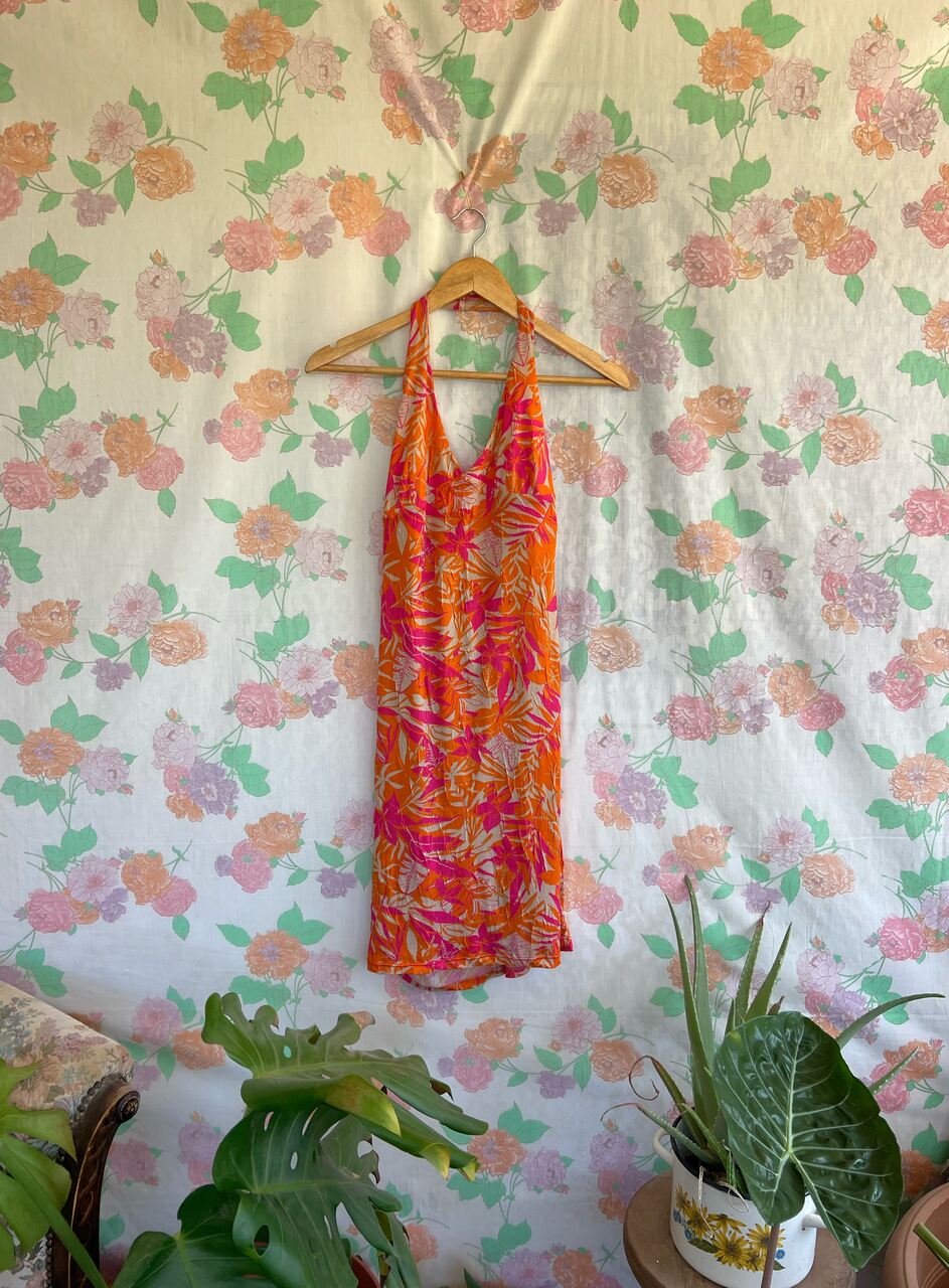 2000's Pink Tropical Halter Dress