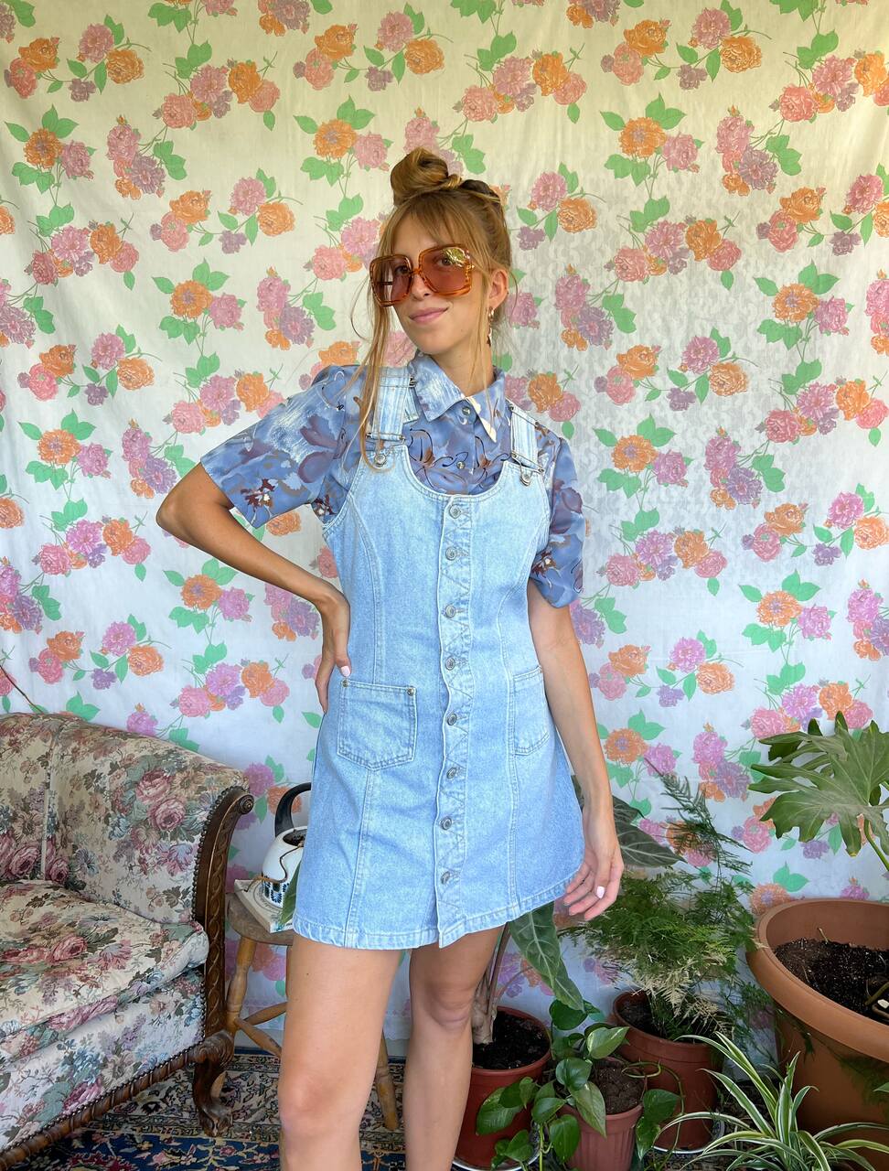 Blue Flower Printed Button Shirt
