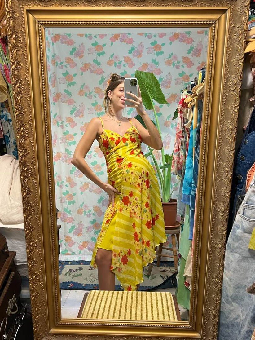 90's Yellow Detailed Floral Dress