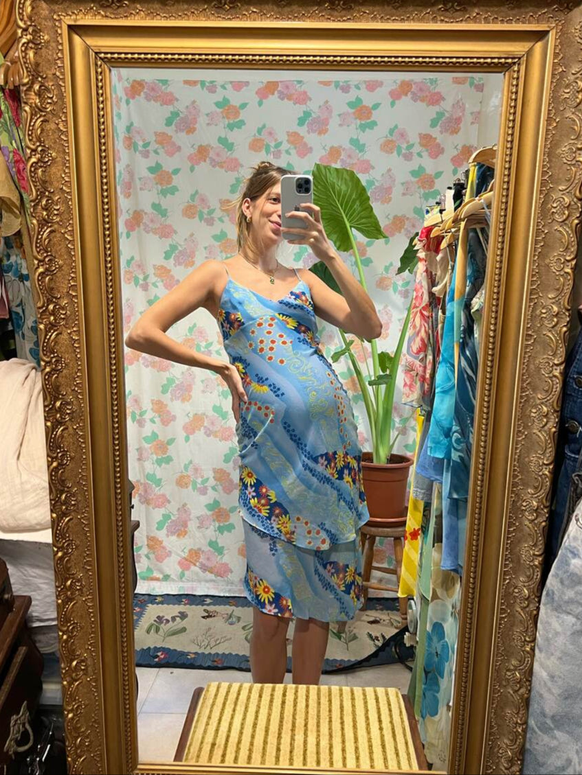 00's Blue Floral Patchwork Printed Dress