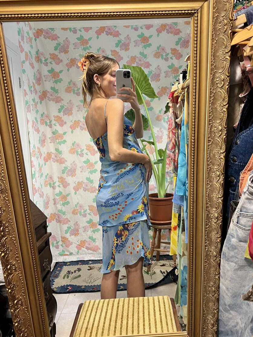 00's Blue Floral Patchwork Printed Dress