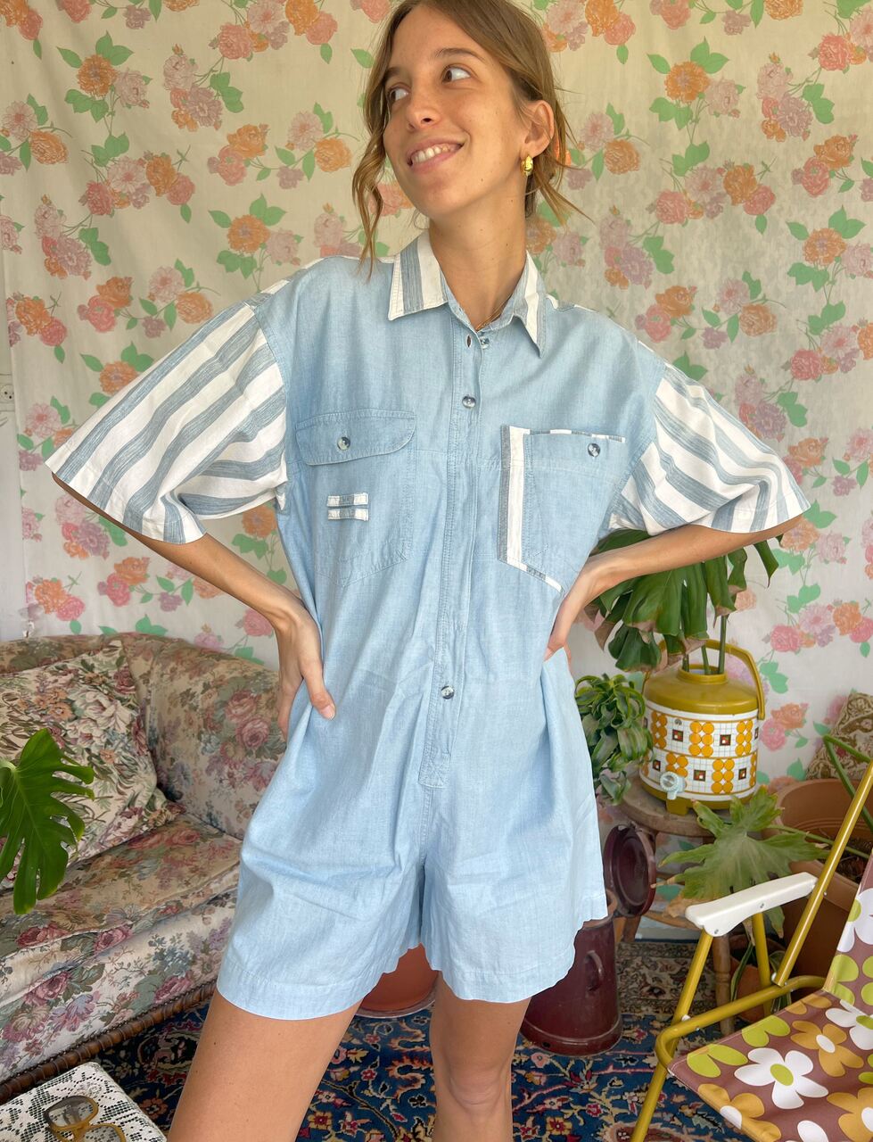 90's Denim Striped Jumpsuit