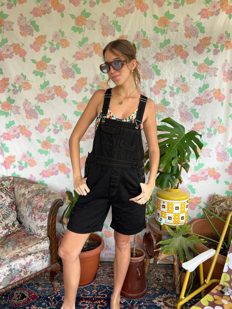 90's Short Black Denim Jumpsuit