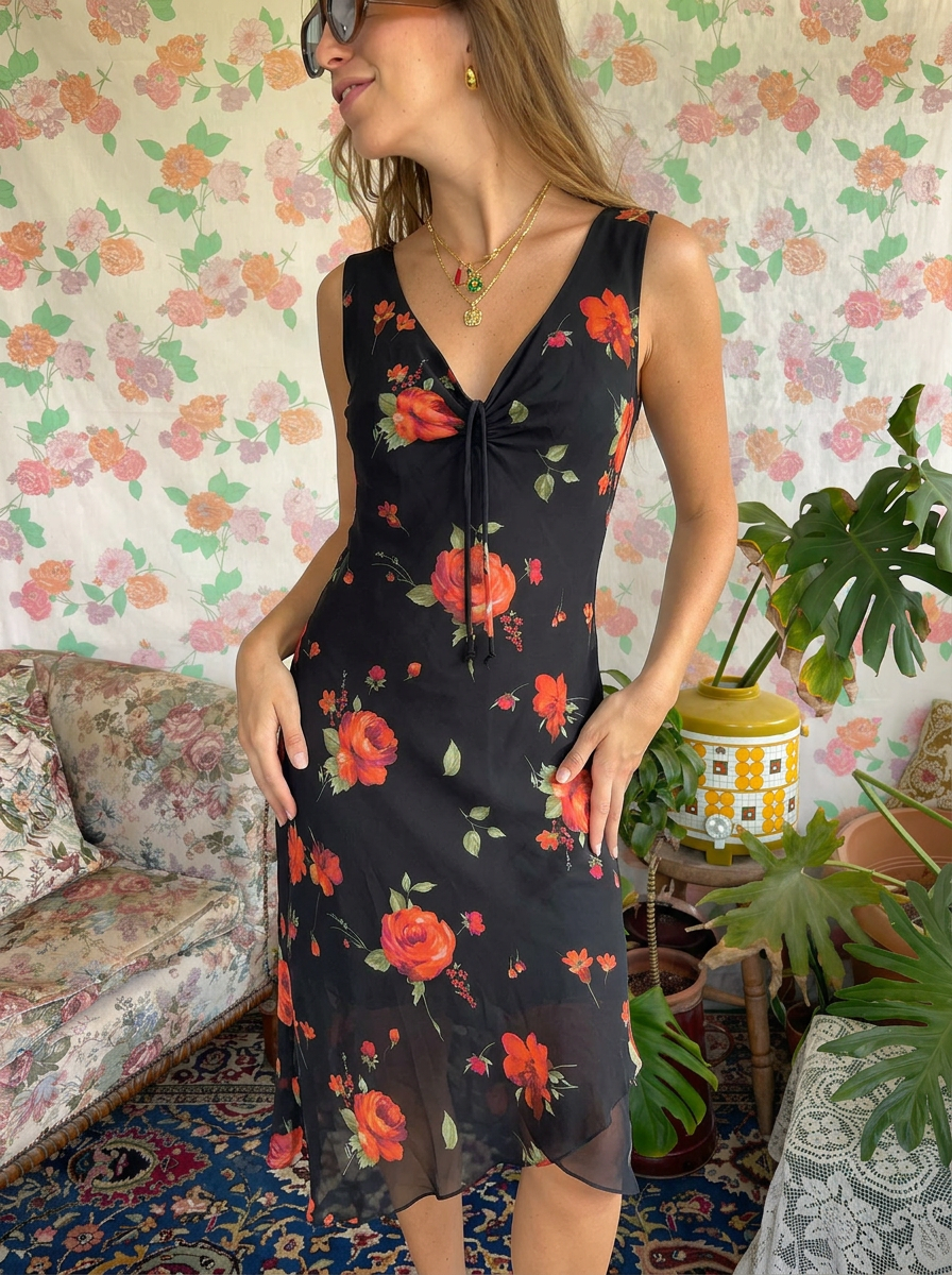 90's Black Floral Dress