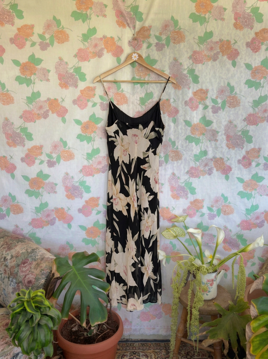 90's Black Floral Slip Dress