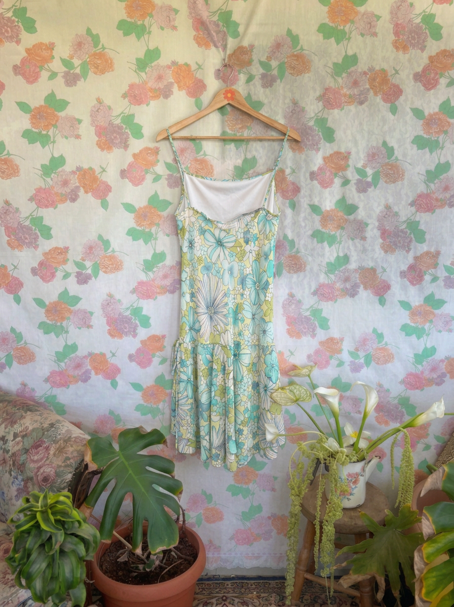 Y2K Blue & Green Floral Slip Dress