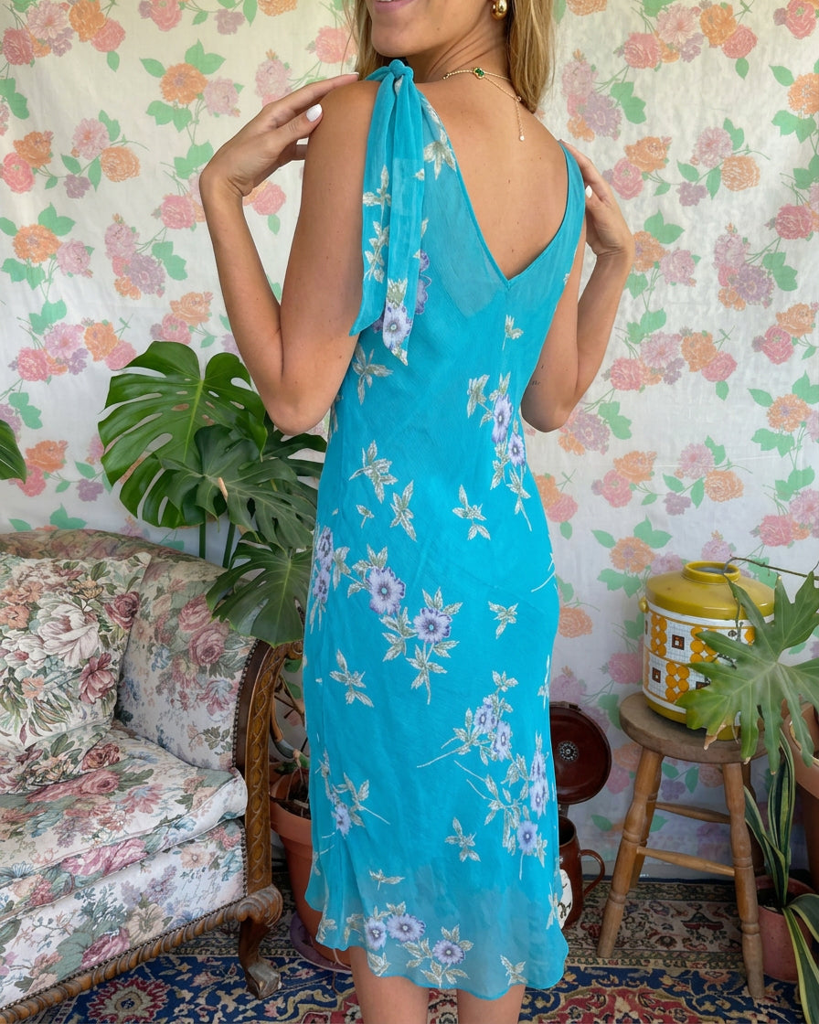 90's Aqua Floral Midi Dress
