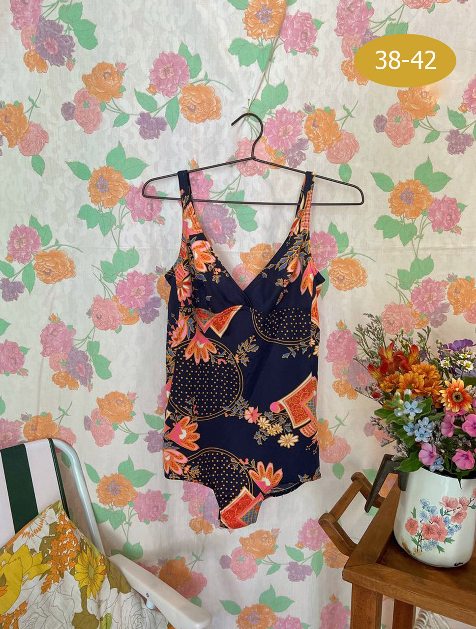 Vintage Dark Blue Flowery Swimsuit