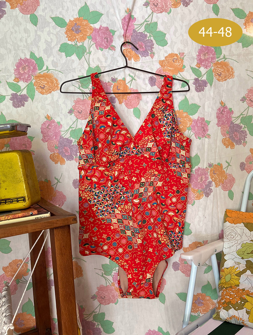 Red Geometric Vintage Swimsuit