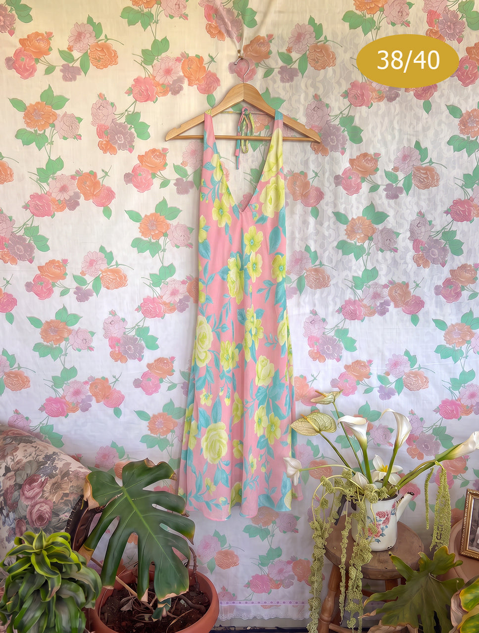 90’s Pink Floral Halter Midi Dress