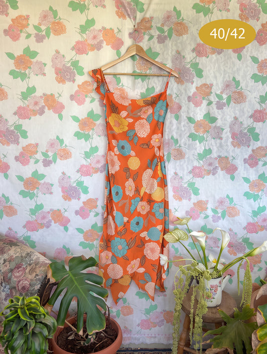 2000's Orange Floral Asymmetric Dress