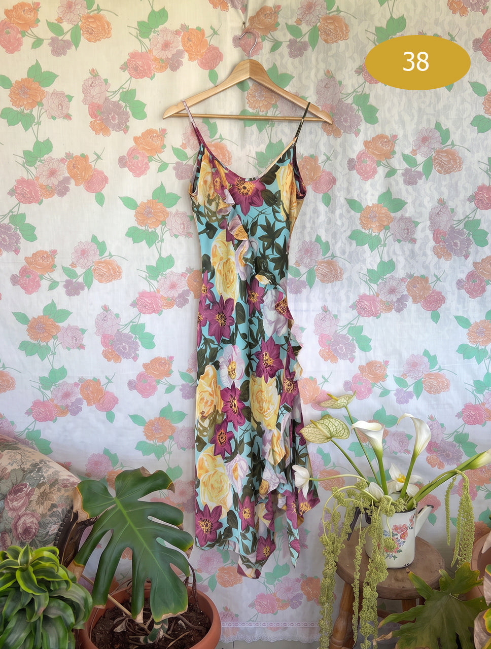 90's Tropical Floral Ruffle Dress