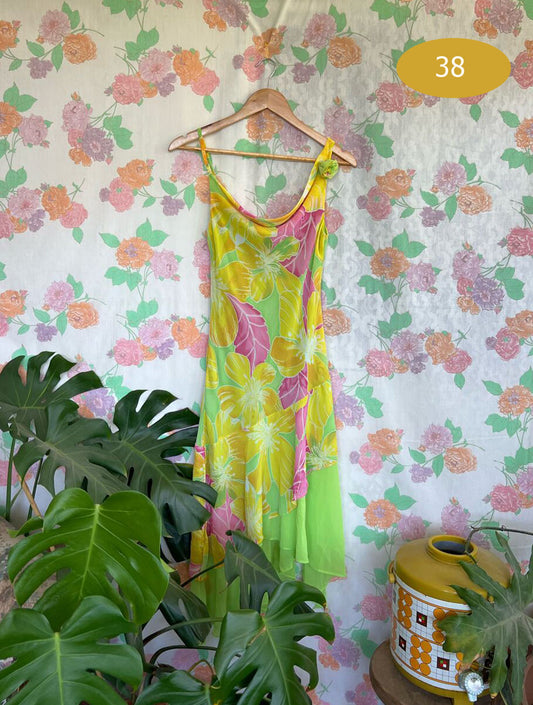 90's Unique Flower Lime Dress