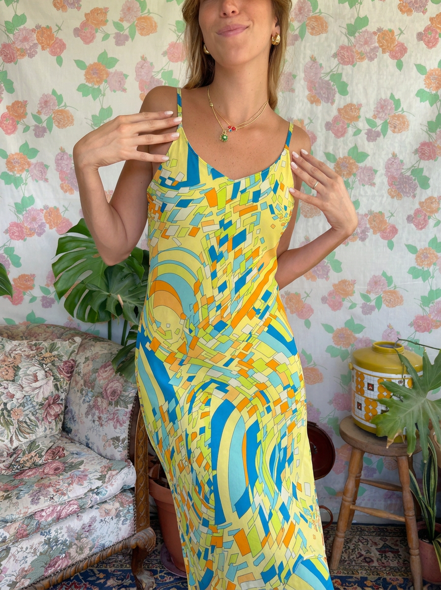 90's Geometric Print Slip Dress
