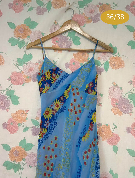00's Blue Floral Patchwork Printed Dress